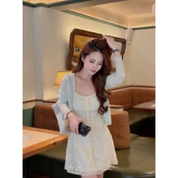 [Hàng Loại 1] Set váy 2 dây ren xốp hoa nổi mix áo khoác cardigan xanh tiffany tiểu thư A5858 7