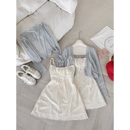 [Hàng Loại 1] Set váy 2 dây ren xốp hoa nổi mix áo khoác cardigan xanh tiffany tiểu thư A5858 9