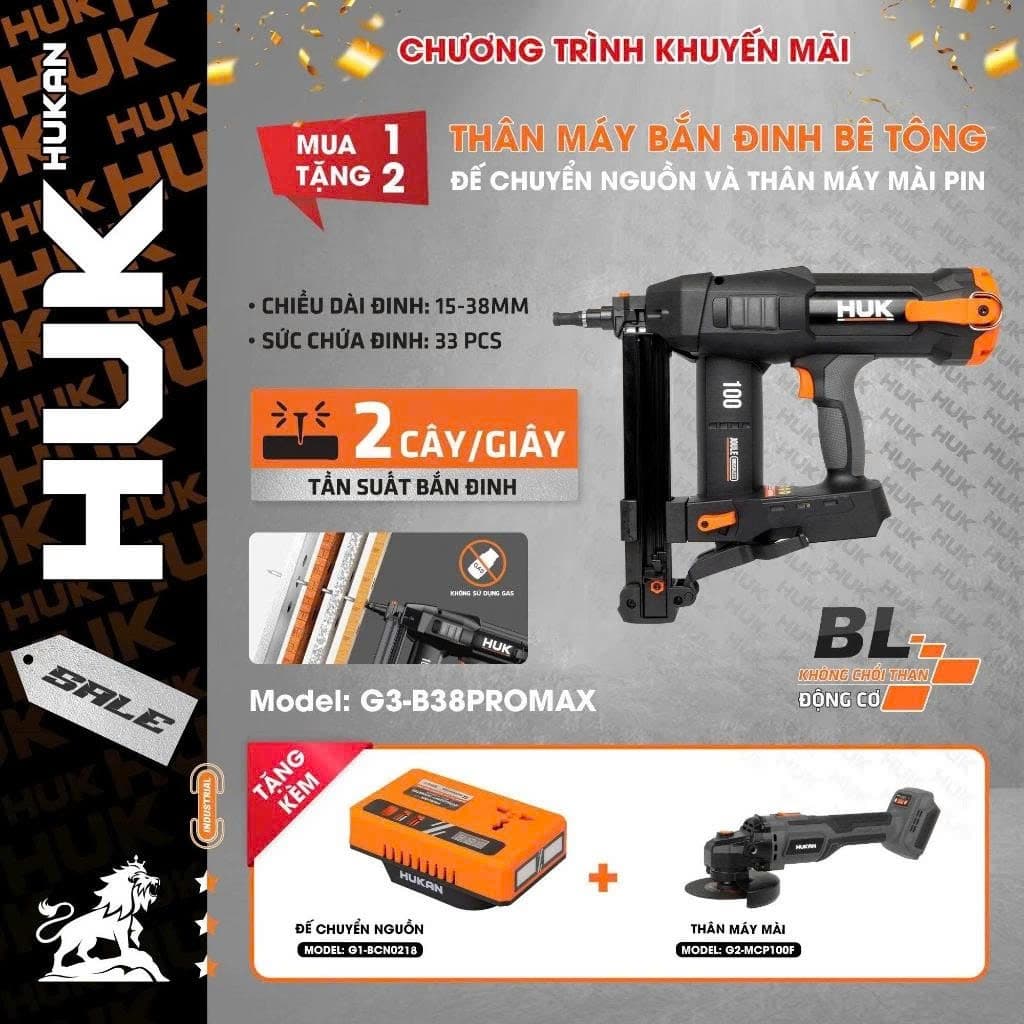 Thân Máy Bắn Đinh Bê Tông HUKAN G3-B38PROMAX, Bắn 2 Cây 1 Giây Lực 100J - Không Chổi Than - Chân M21