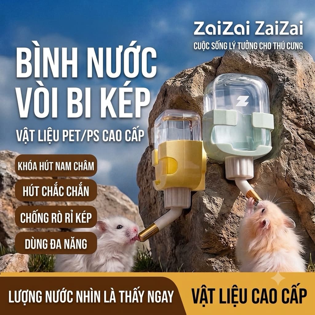 ZAIZAI Bình nước vòi bi kép chống rò rỉ nam châm gắn lồng chuồng hamster