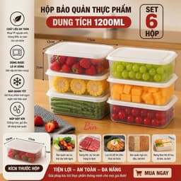 Set 6 Hộp Bảo Quản Thực Phẩm Tủ Lạnh Dung Tích 1200ml Nhựa PP Nguyên Sinh Chịu Nhiệt(abin) 1
