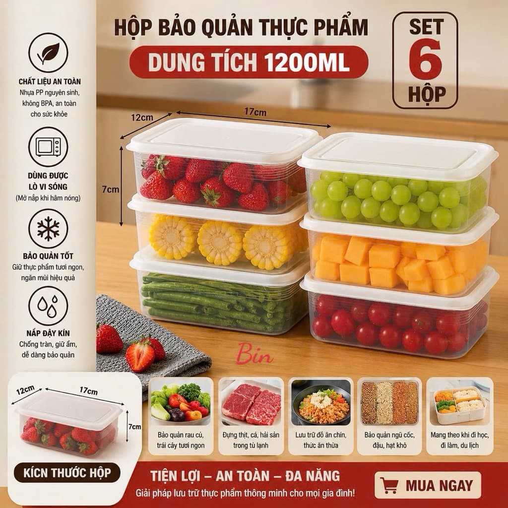 Set 6 Hộp Bảo Quản Thực Phẩm Tủ Lạnh Dung Tích 1200ml Nhựa PP Nguyên Sinh Chịu Nhiệt(abin)