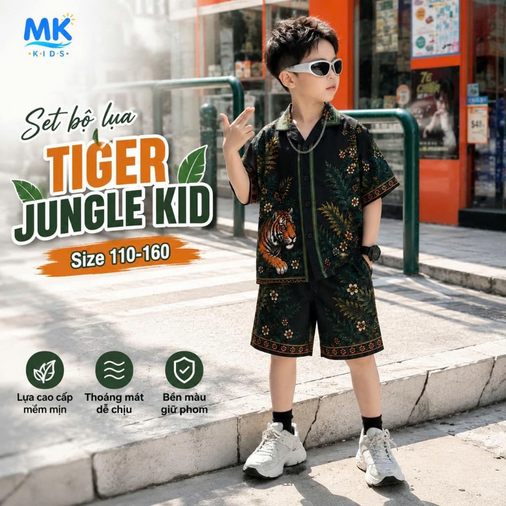 Set Bộ Bé Trai Tiger Jungle MK Kids Áo Sơ Mi Cộc Tay Đi Chơi Mùa Hè Chất Lụa Mịn Thoáng Mát 2-10 Tuổi