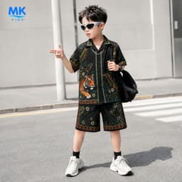 Set Bộ Bé Trai Tiger Jungle MK Kids Áo Sơ Mi Cộc Tay Đi Chơi Mùa Hè Chất Lụa Mịn Thoáng Mát 2-10 Tuổi 6