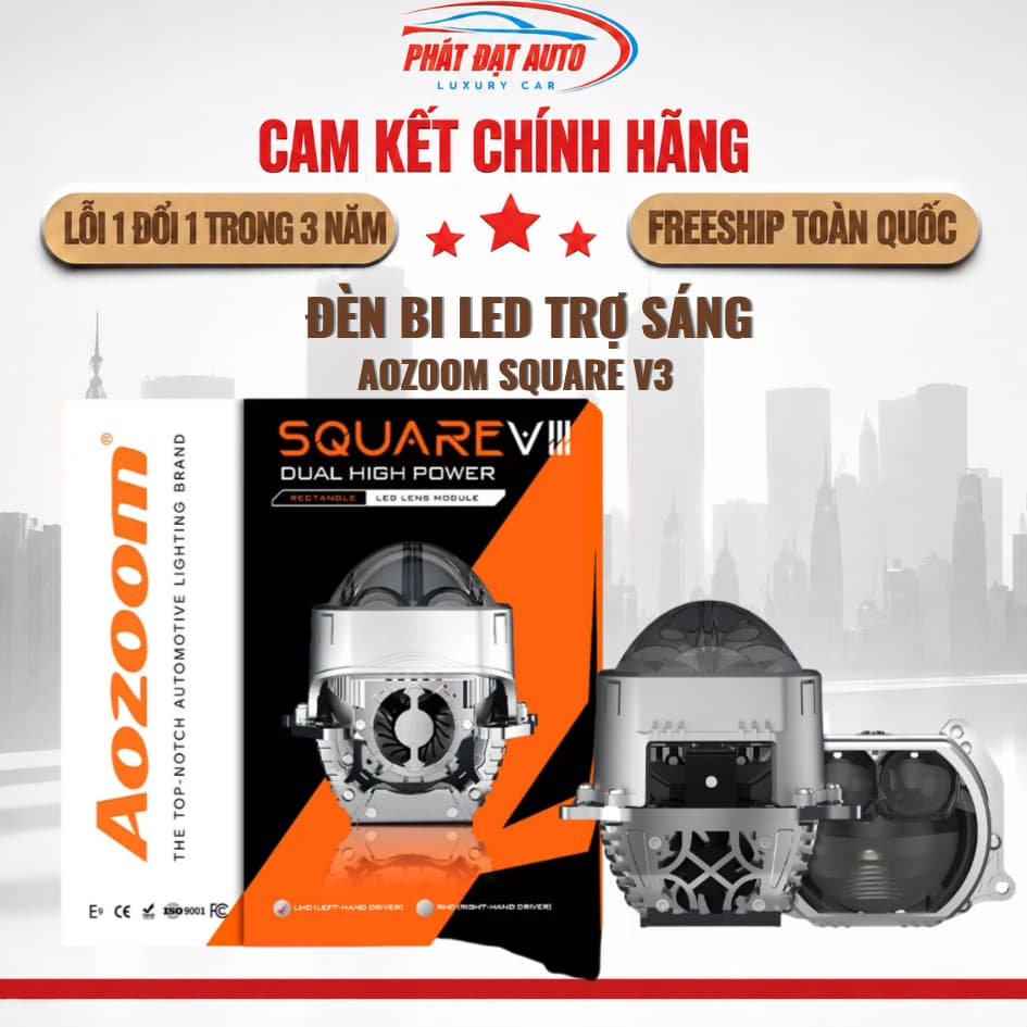 Bi Led Ô Tô Aozoom Square V3, công suất lớn siêu sáng, Chip LED 9+3, bảo hành 3 năm Chính Hãng