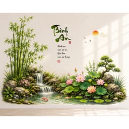 Decal Dán Tường Tiểu Cảnh Sen Hồng Thác Nước Bình An - kt 60*90cm– Tre Trúc, Cá Chép Trang Trí Phòng Khách 3