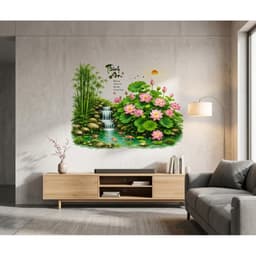 Decal Dán Tường Tiểu Cảnh Sen Hồng Thác Nước Bình An - kt 60*90cm– Tre Trúc, Cá Chép Trang Trí Phòng Khách 2