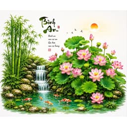 Decal Dán Tường Tiểu Cảnh Sen Hồng Thác Nước Bình An - kt 60*90cm– Tre Trúc, Cá Chép Trang Trí Phòng Khách 1