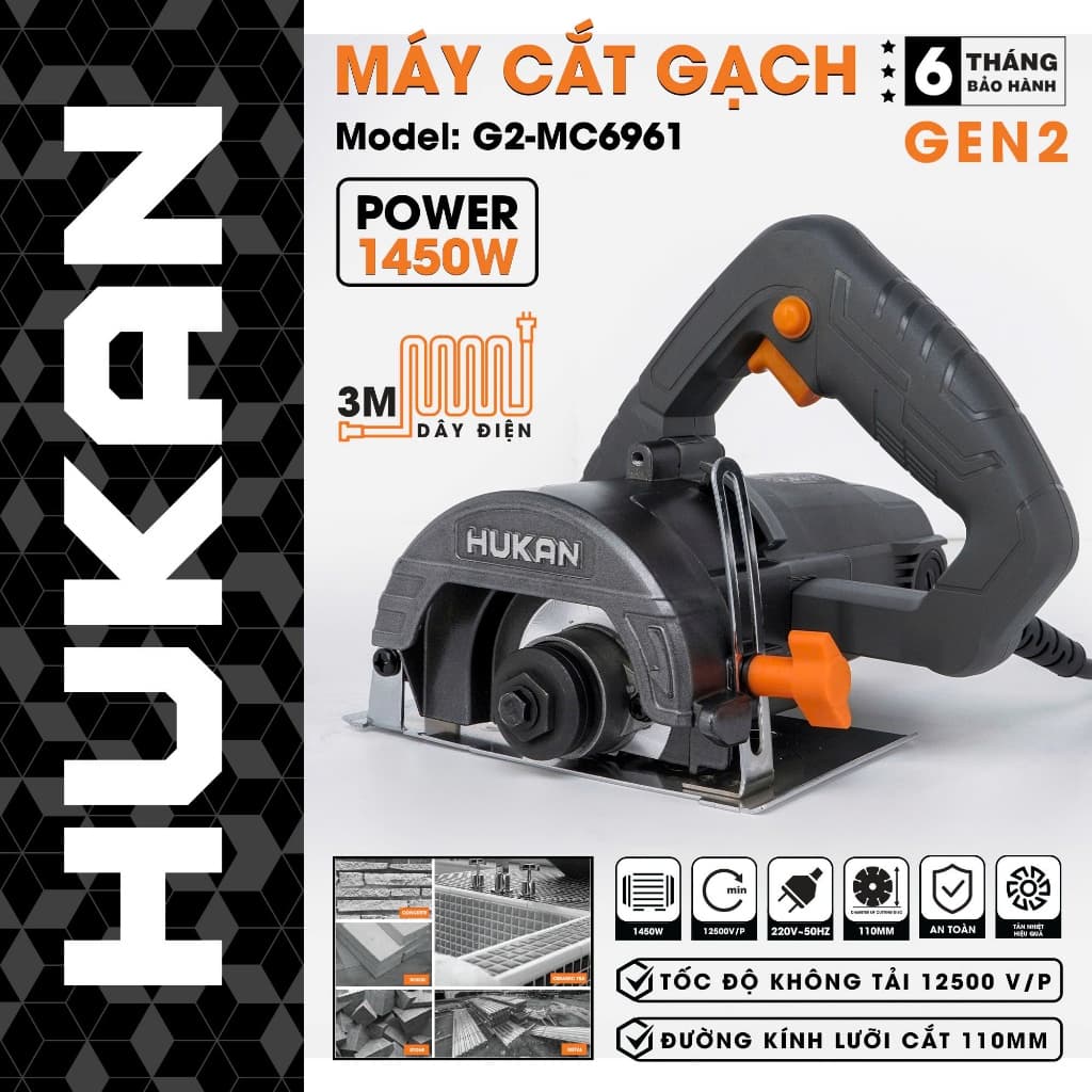 Máy Cắt Gạch HUKAN G2-MC6961 Công Suất 1450w, Đường Kính Lưỡi 110mm - Động Cơ Dây Đồng Cắt Mạnh Mẽ
