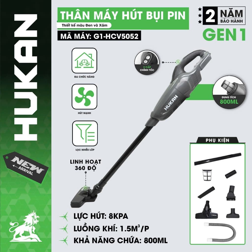 Máy Hút Bụi Cầm Tay Dùng Pin HUKAN GG1-HCV5052, Lưu lượng hút 8.0 KPA, Hộp chứa 800ml - BH 24T