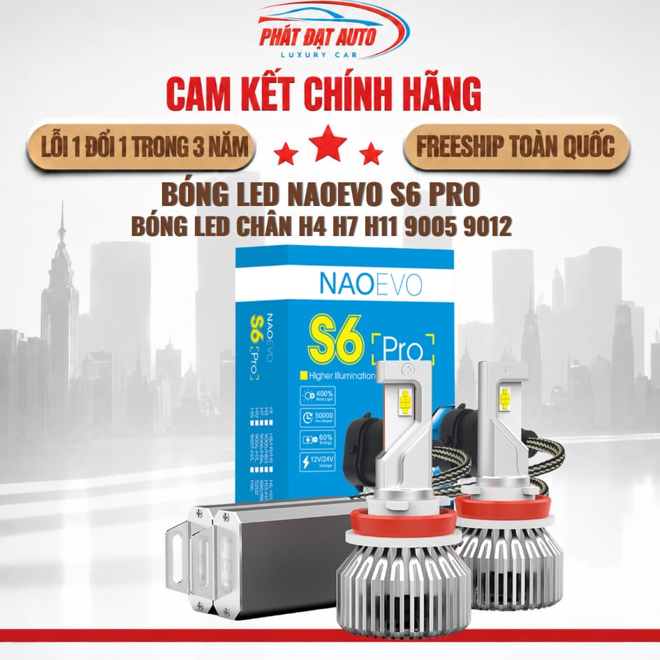 Bóng Led Naoevo S6 Pro X-Light 55W 6600LM 5800K tản nhiệt ống đồng (Chân H4 H7 H11 9005 9012)