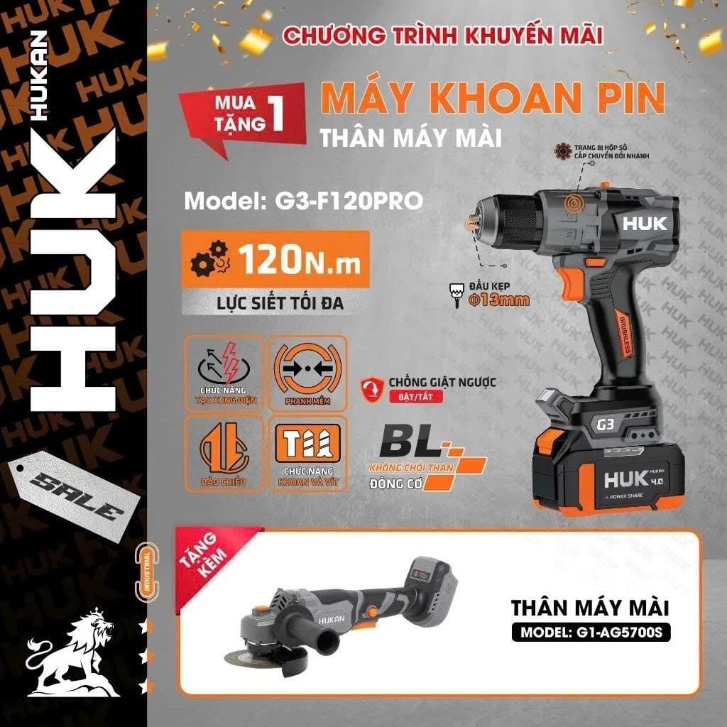Máy khoan pin 3 chức năng HUKAN G3-F120PRO, Lực siết 120Nm, Có Anti_kickback - Tạo xung - Phanh mềm