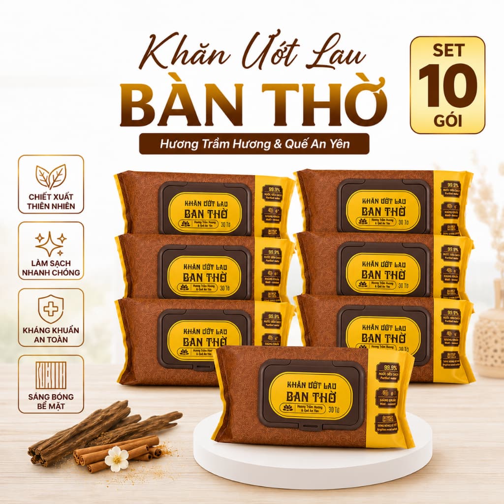 Set 10 Gói Khăn Ướt Lau Bàn Thờ Thiên Phúc 30 Tờ/Gói - Khăn Lau Bàn Thờ Hương Trầm, Lau Bàn Thờ Sạch Bóng