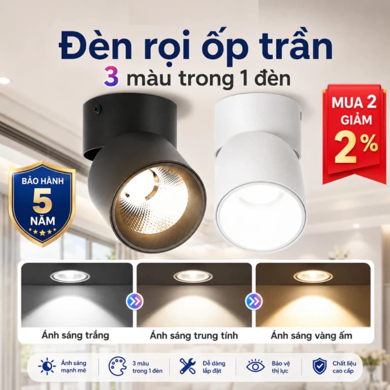 Đèn bơ ốp trần gập xoay 10w 3 chế độ/ màu hoàng hôn (vỏ trắng/ Đen). LMS
