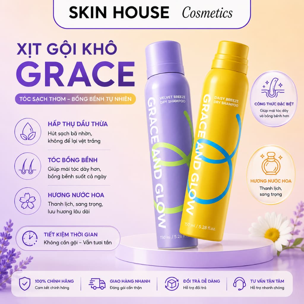 Xịt Gội Khô Grace And Glow Chính Hãng 150ml Kiềm Dầu Làm Tơi Tóc Thơm Lâu Hương Nước Hoa Skin House