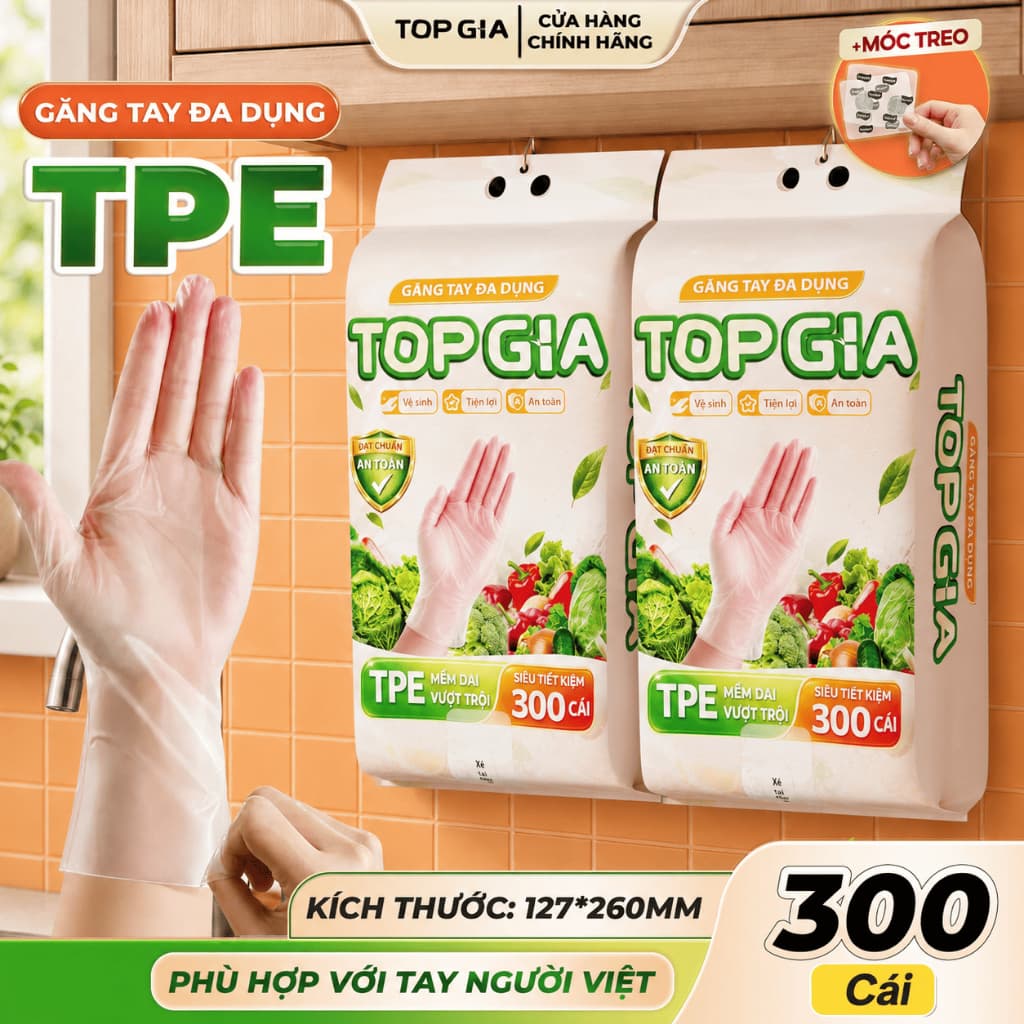 Găng tay TPE Topgia dạng rút treo tường, bịch 300 cái dùng bếp và vệ sinh nhà - Tạp hoá Gemgem