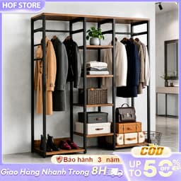 HOF Kệ treo quần áo nhiều tầng kèm kệ để đồ khung thép đa năng đặt sàn dùng cho phòng ngủ 1