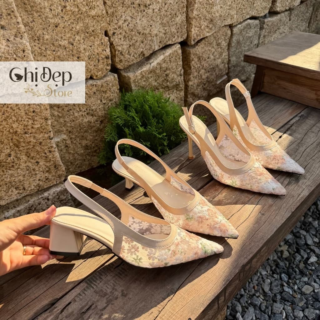 Giày cao gót ren hoa nhí đi tiệc, Giày ren hoa cô dâu 1-5-7-9p Chị Đẹp Store mã U153