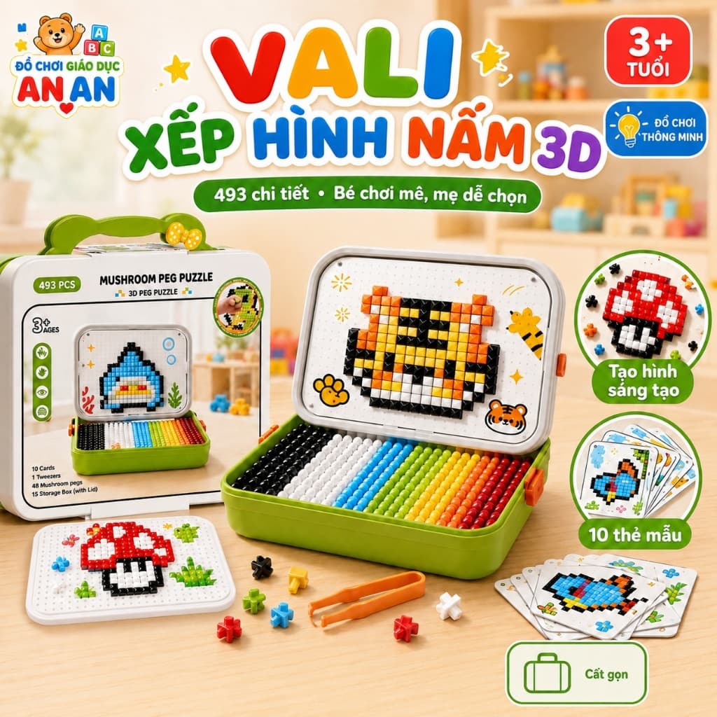 Đồ chơi xếp hình sáng tạo đinh nấm 3D 493pcs kèm hộp đựng bé phát triển tư duy ghép hình montessori tăng tính sáng tạo