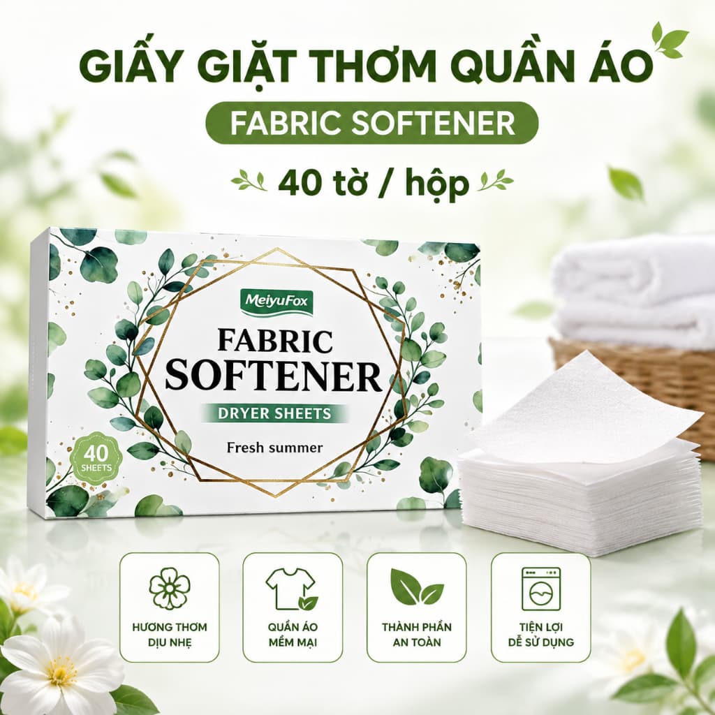 Giấy Xả Vải Dạng Tờ Hộp 40 Tờ FABRIC SOFTENER - Thơm, Mềm Phẳng Quần Áo, Dùng Cho Máy Giặt Và Sấy