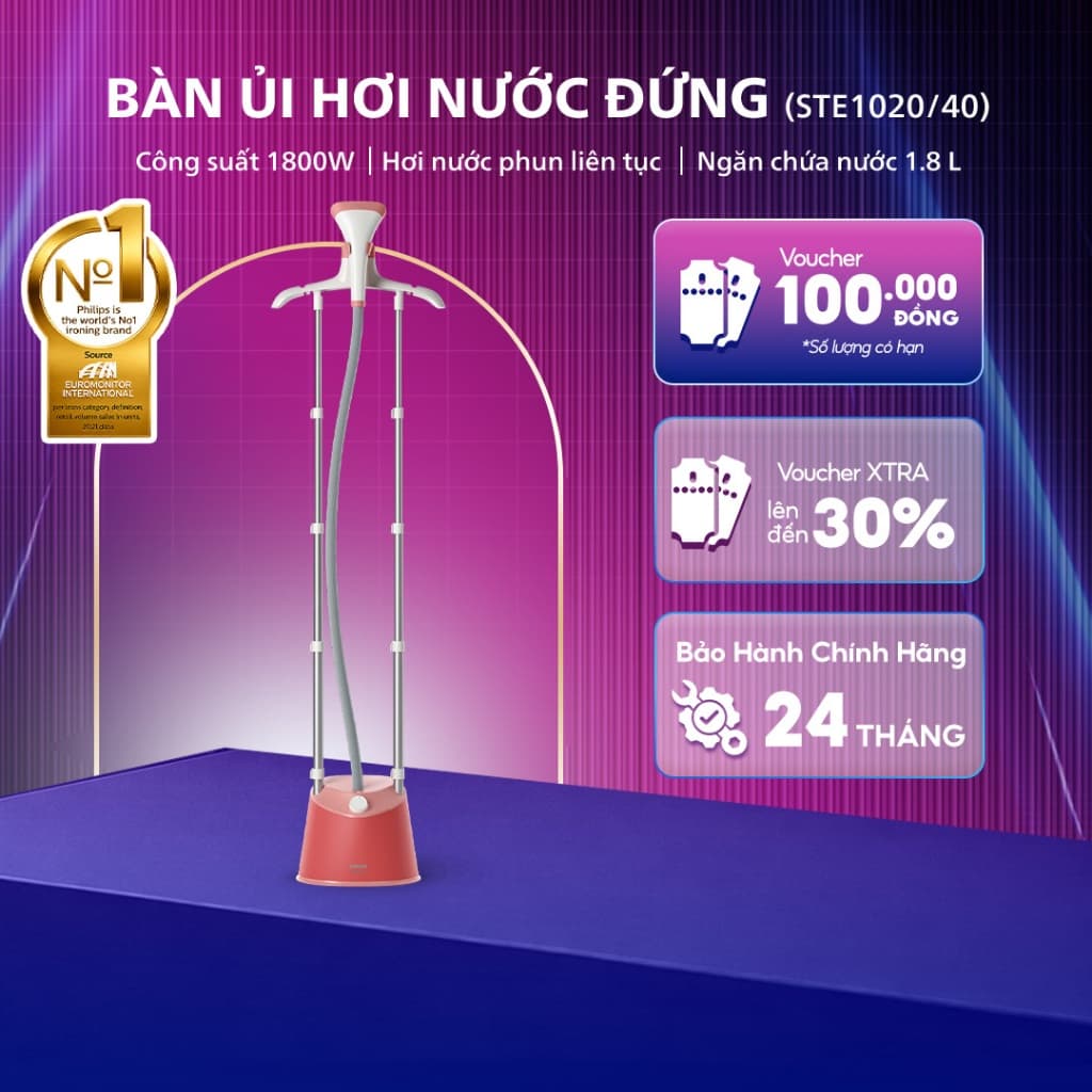 Bàn Ủi Hơi Nước Đứng PHILIPS STE1020/40 - Công Suất 1800W - 3 Mức Điều Chỉnh - Bảo Hành 24 Tháng