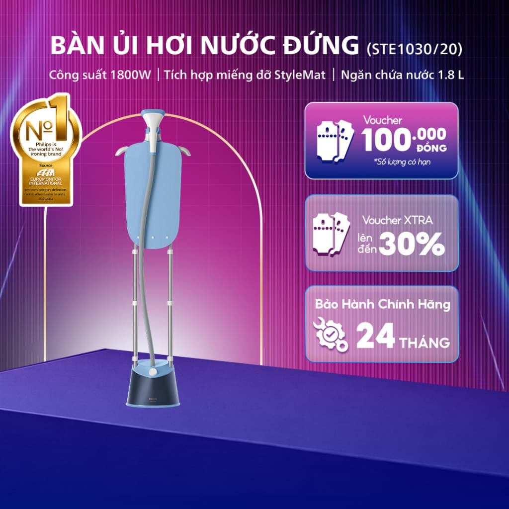 Bàn ủi hơi nước đứng Philips STE1030/20 - Thiết kế hiện đại - 3 chế độ phun hơi - Bảo hành 24 tháng