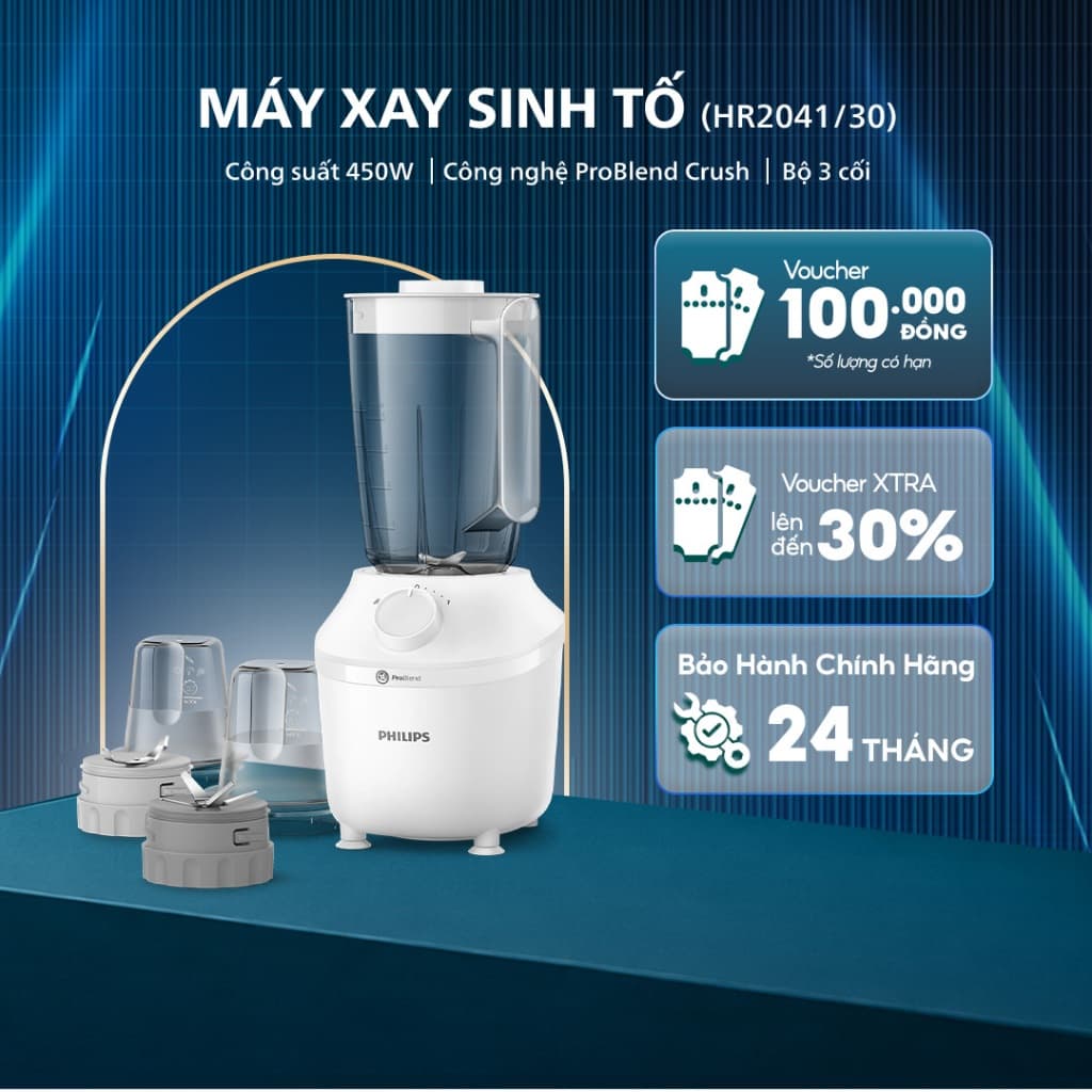 Máy Xay Sinh Tố Philips HR2041/30, Bộ 3 Cối Xay Tiện Lợi, Bảo Hành Chính Hãng 24 Tháng