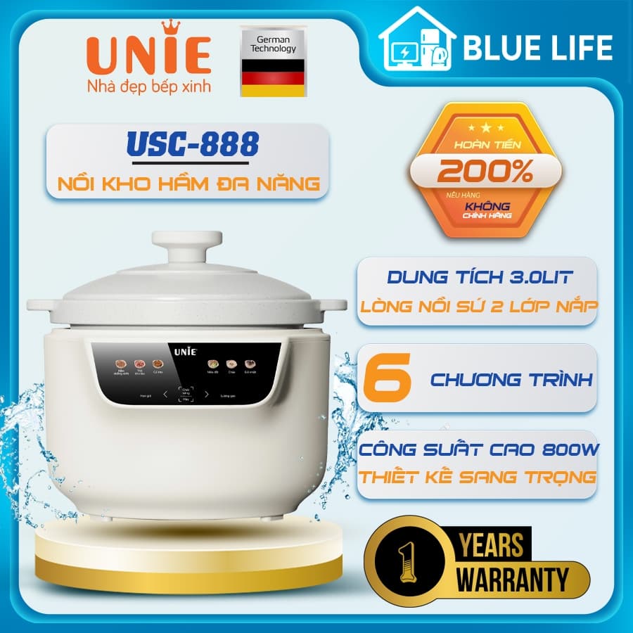 Nồi Nấu Chậm UNIE USC888, 6 Chế Độ Kho Hầm Lòng Nồi Sứ 3.0Lit - Công Suất 850w, Hàng Chính Hãng