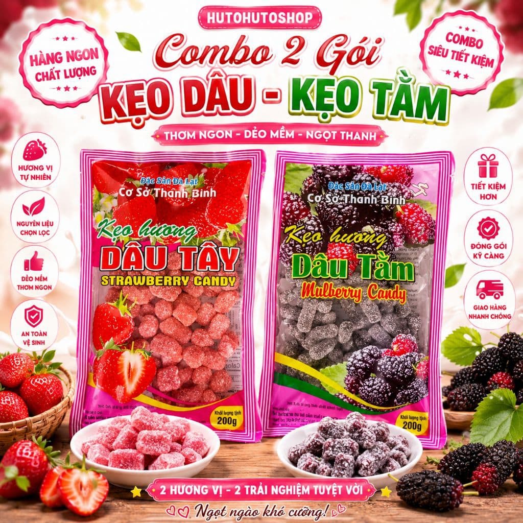 Combo 2 Gói Kẹo Dâu Và Kẹo Tằm 200g/Gói - Kẹo Trái Cây Thơm Ngon, Kẹo Tuổi Thơ Ăn Vặt Hấp Dẫn, Giá Tốt Tại Hutohutoshop