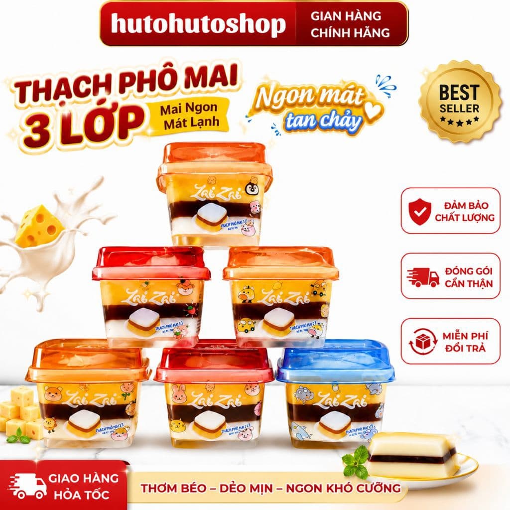 Thạch Phô Mai 3 Lớp Zai Zai Gia Nhật Ly 90g - Thạch Phô Mai Mát Lạnh, Dẻo Mịn, Vị Béo Ngon - Ăn Vặt Hot Trend | Hutohuto