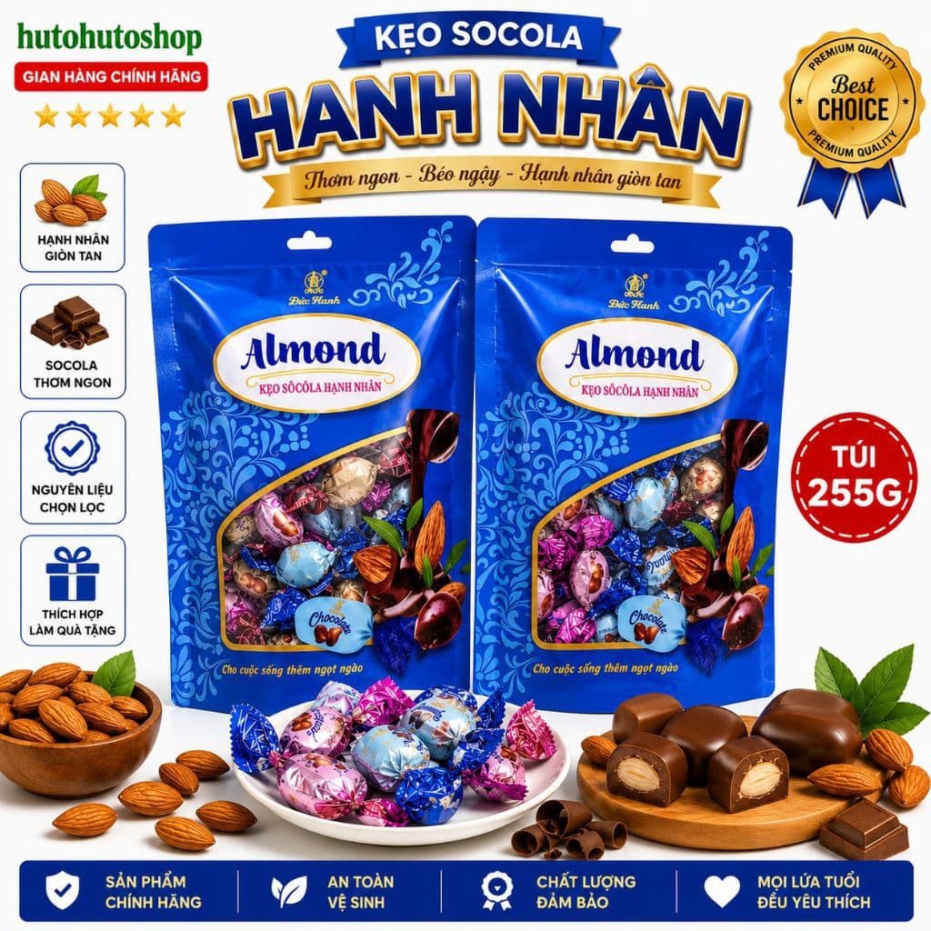 Kẹo Socola Hạnh Nhân Đức Hạnh 255g – Socola Nhân Hạnh Nhân Giòn Tan, Thơm Ngon, Thích Hợp Làm Quà Tặng