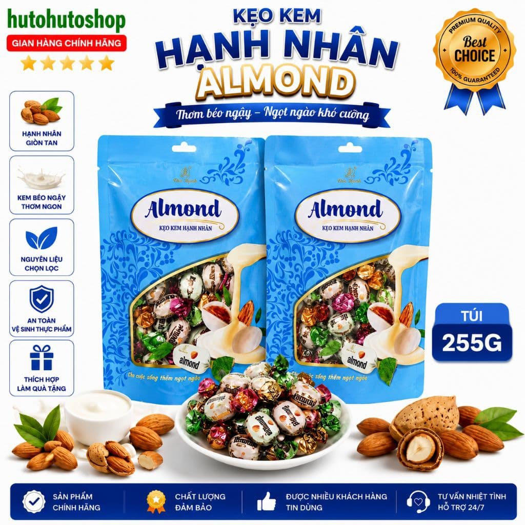 Kẹo Kem Hạnh Nhân Almond Đức Hạnh 255g – Kẹo Sữa Kem Hạnh Nhân Thơm Béo, Giòn Bùi, Ăn Vặt Ngon