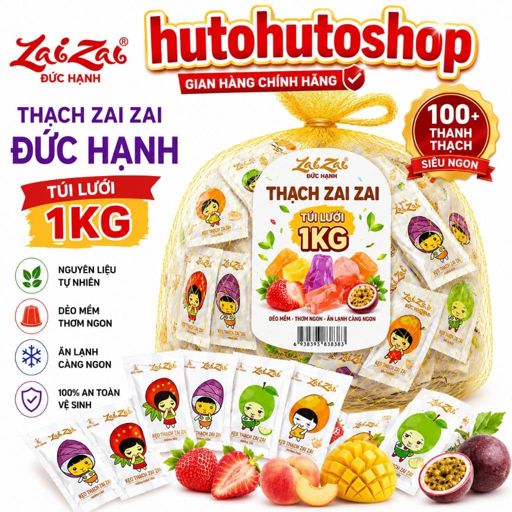 Thạch Zai Zai Đức Hạnh 1KG Thạch Vuông Túi Lưới Mix ko Đủ Vị Trái Cây Chính Hãng – Kẹo Thạch Dai Ngon Ăn Vặt
