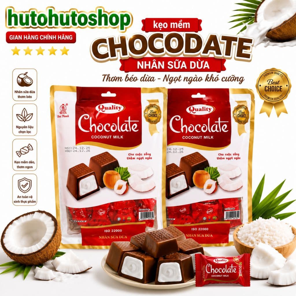 Kẹo Chocodate Nhân Sữa Dừa Thơm Béo Kẹo Mềm Socola Ăn Vặt Ngon Đức Hạnh 🍫🥥300g/Túi