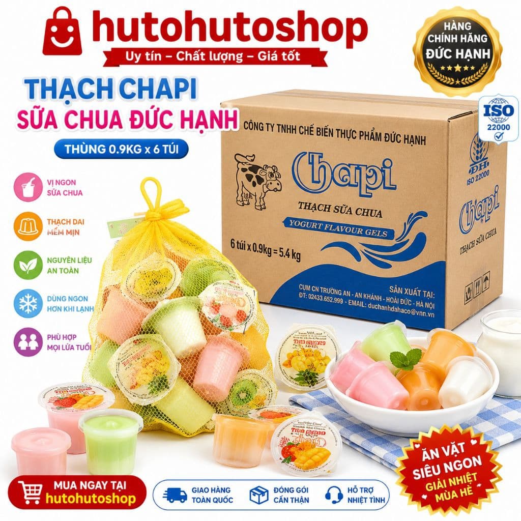 Thùng Thạch Chapi Sữa Chua Đức Hạnh 5.4kg (6 Túi x 0.9kg) – Thạch Rau Câu Nhiều Vị, Dai Mềm Thơm Ngon, Ăn Vặt Gia Đình