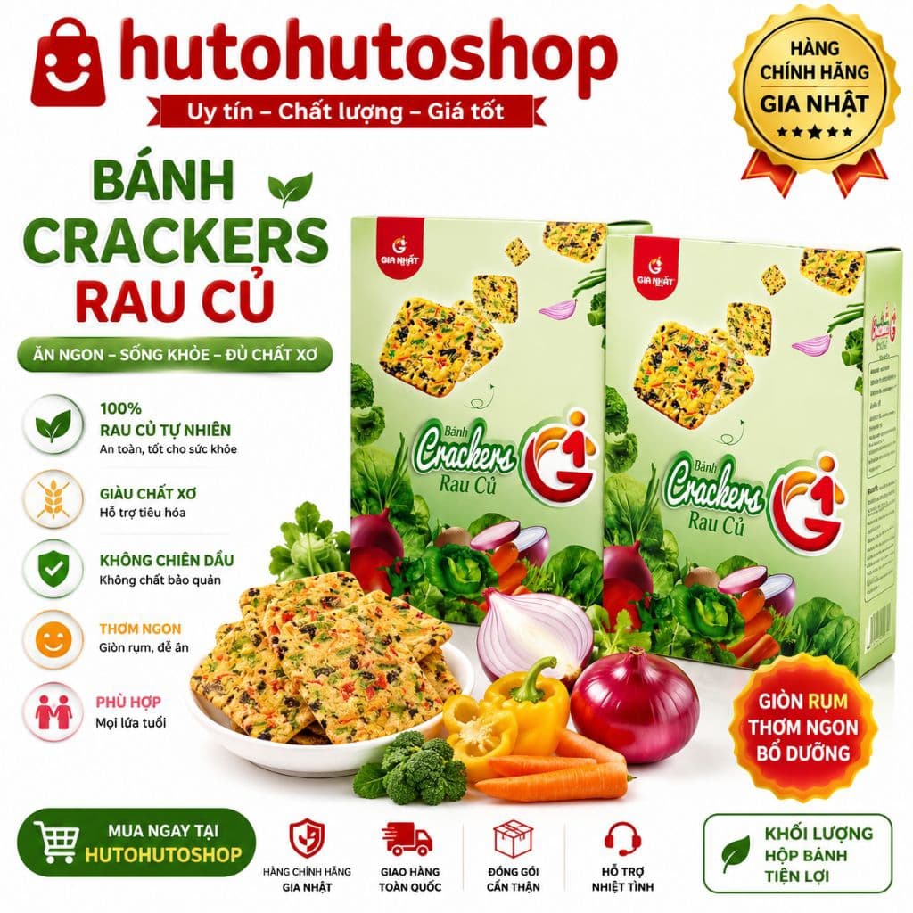 🔥 Bánh Crackers Rau Củ Gia Nhất Giòn Rụm – Bánh Ăn Kiêng Giàu Chất Xơ, Ăn Vặt Lành Mạnh | Hutohutoshop