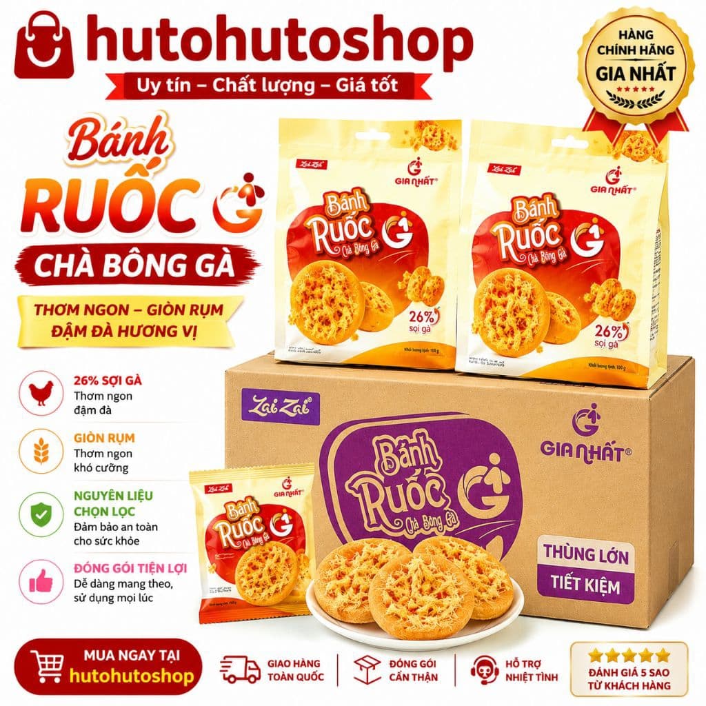 Thùng Bánh Ruốc Chà Bông Gà Gia Nhất Chính Hãng – Bánh Mềm Xốp Thơm Ngon, 26% Sợi Gà, Ăn Vặt Hấp Dẫn | Hutohutoshop