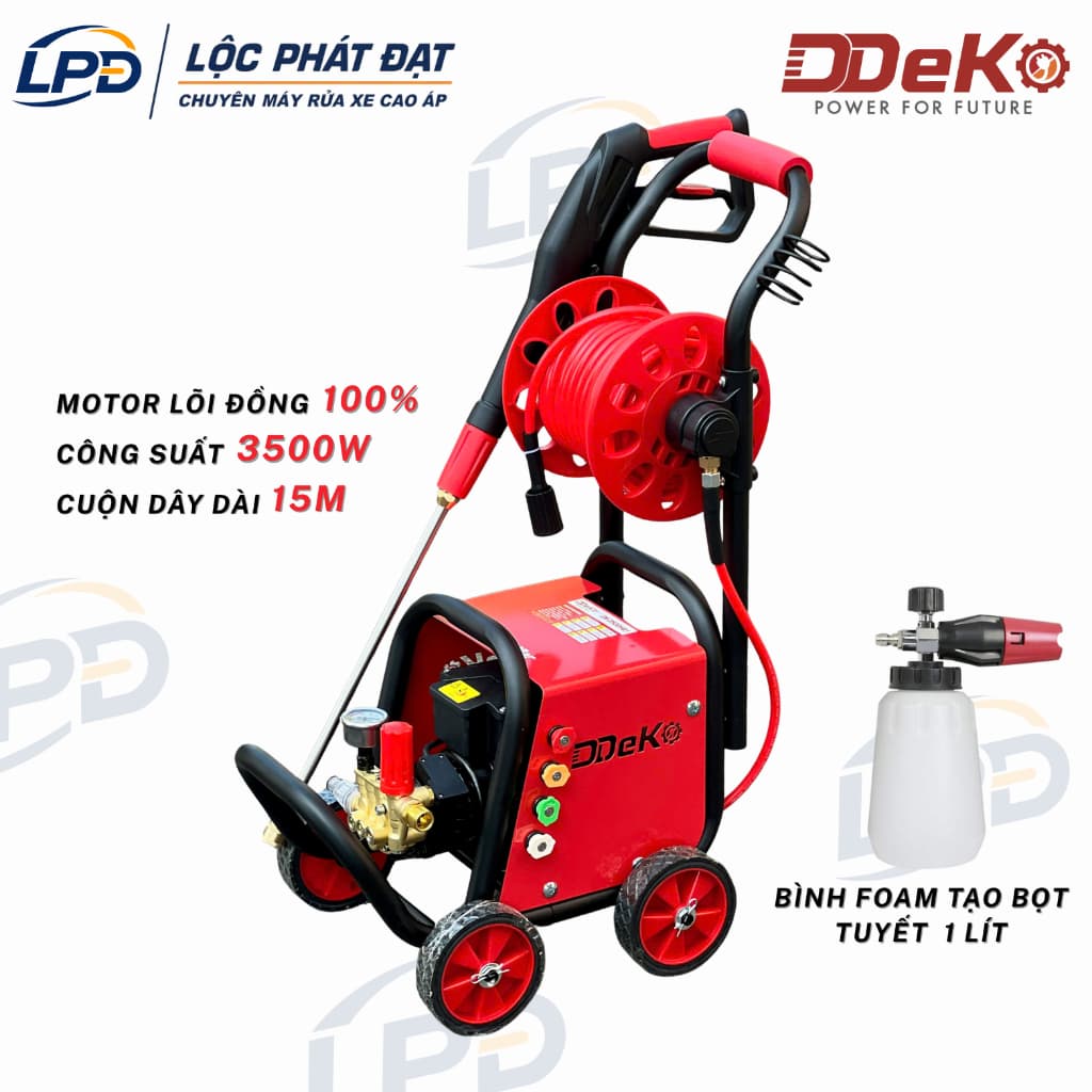 Máy Xịt Rửa Xe DDEKO/DEKO 3500W (lõi đồng) có 4 bánh xe đẩy, Rulô cuộn dây 15m, Lưu lượng 12L/p, BH 8 tháng Chính hãng.