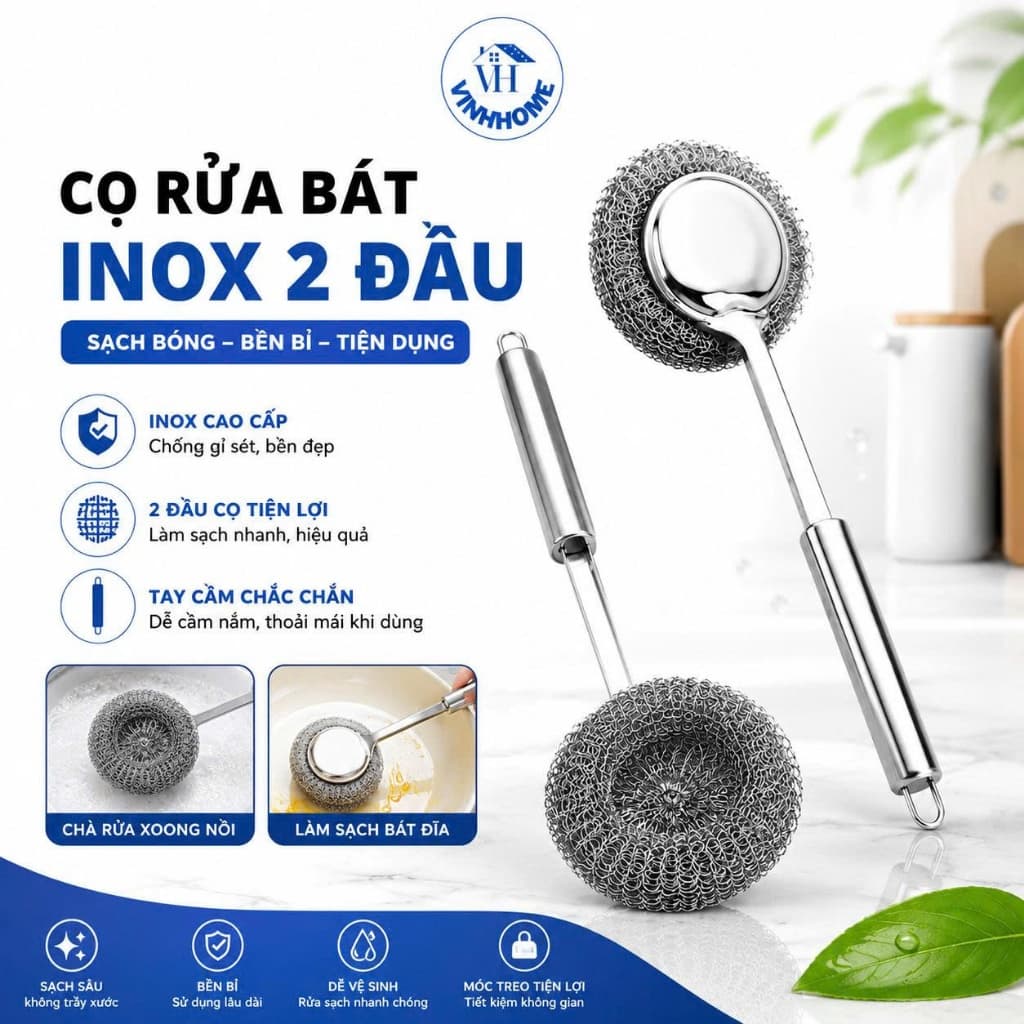 Bàn Chải Cọ Rửa Inox Cán Dài, Cọ Rửa Nồi Chảo, Chà Bếp Gas, Bồn Rửa, Siêu Bền