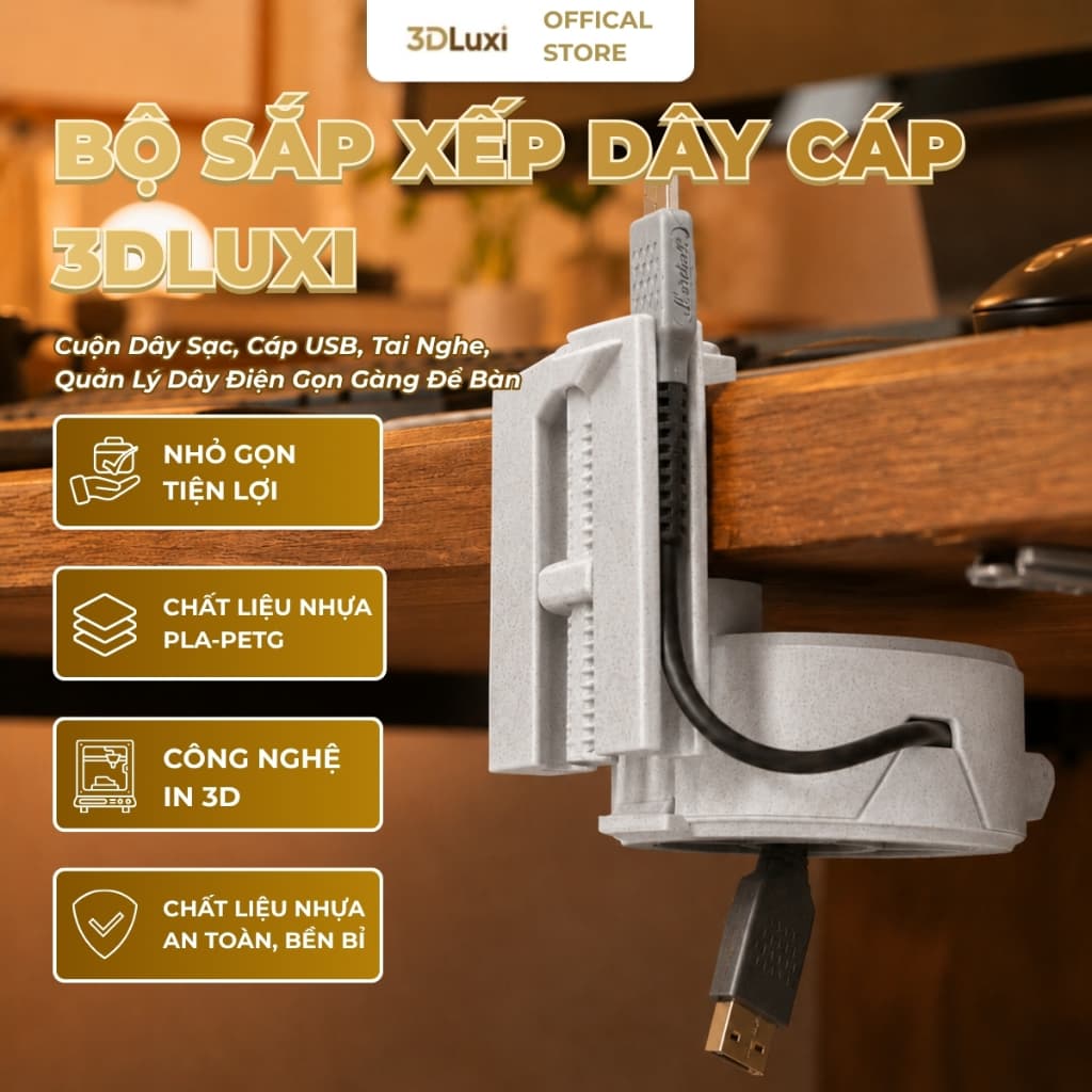 Bộ Cuộn Dây Cáp Kẹp Bàn 3DLUXI, Cuộn Cáp xạc, Dây Sạc Gọn Gàng Cho Bàn Làm Việc, Bàn Học, In Từ Nhựa PLA/PETG An Toàn
