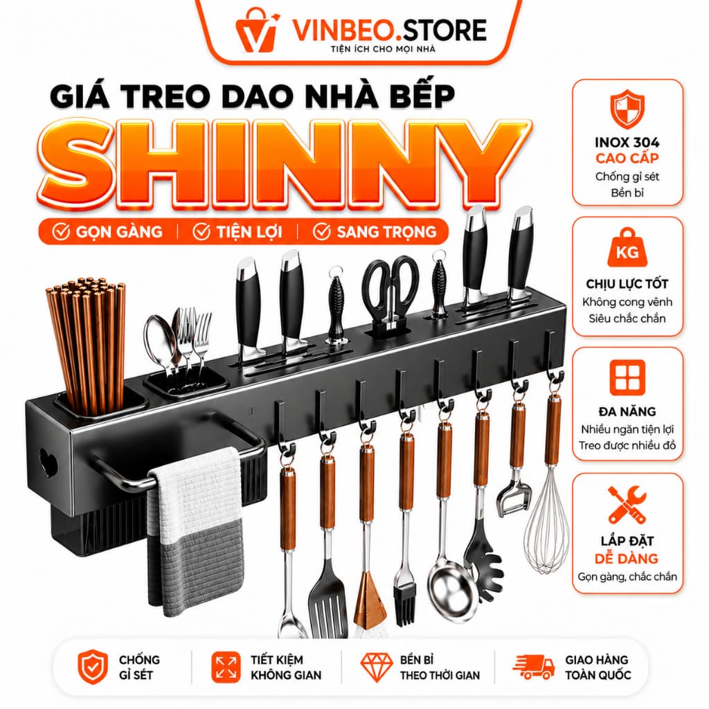 Giá treo dao nhà bếp SHINNY Giá để dao kéo dụng cụ nhà bếp treo tường bằng thép carbon kèm ống đựng đũa thanh treo khăn