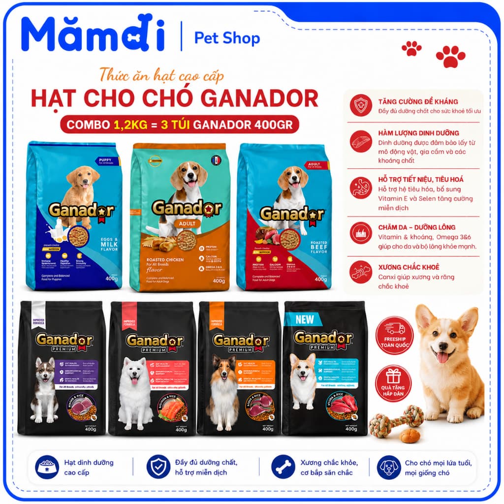 [1.2KG]Hạt Ganador Cho Chó 3 Túi x 400g | Thức Ăn Hạt Puppy Adult Nhiều Vị Lựa Chọn