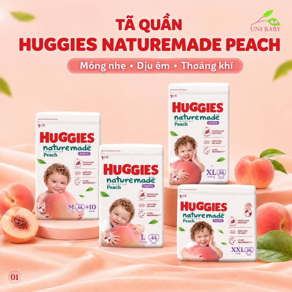 Bỉm Huggies Naturemade Peach, tinh chất lá đào, tã quần mỏng 0.2cm, khô thoáng 12 giờ, M L XL XXL