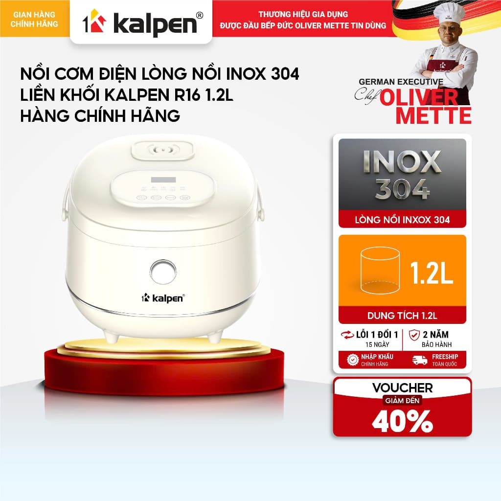 Nồi cơm điện lòng nồi Inox 304 liền khối KALPEN R16 1.2L hàng chính hãng