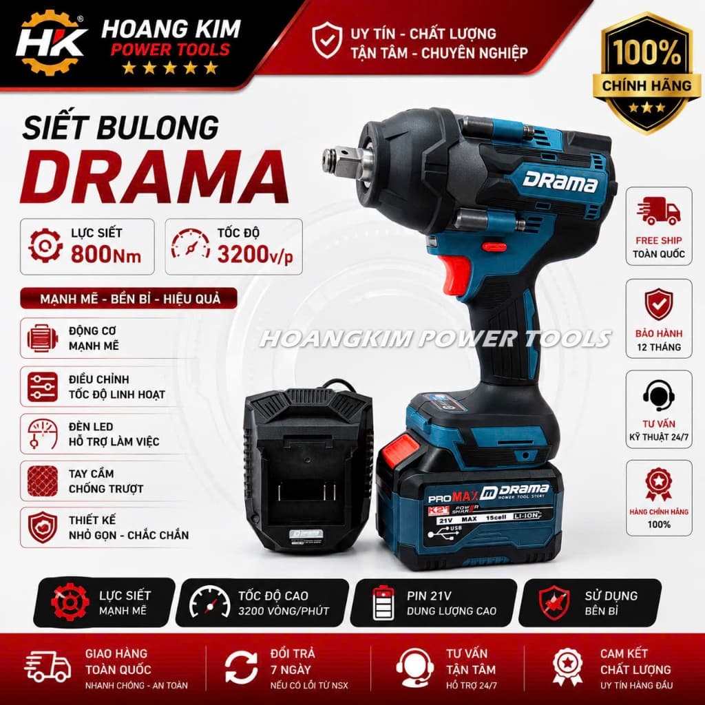 Máy Siết Bulong Pin DRAMA SG96800N, Không Chổi Than, Lực Siết 800Nm, Chân Pin Phổ Thông