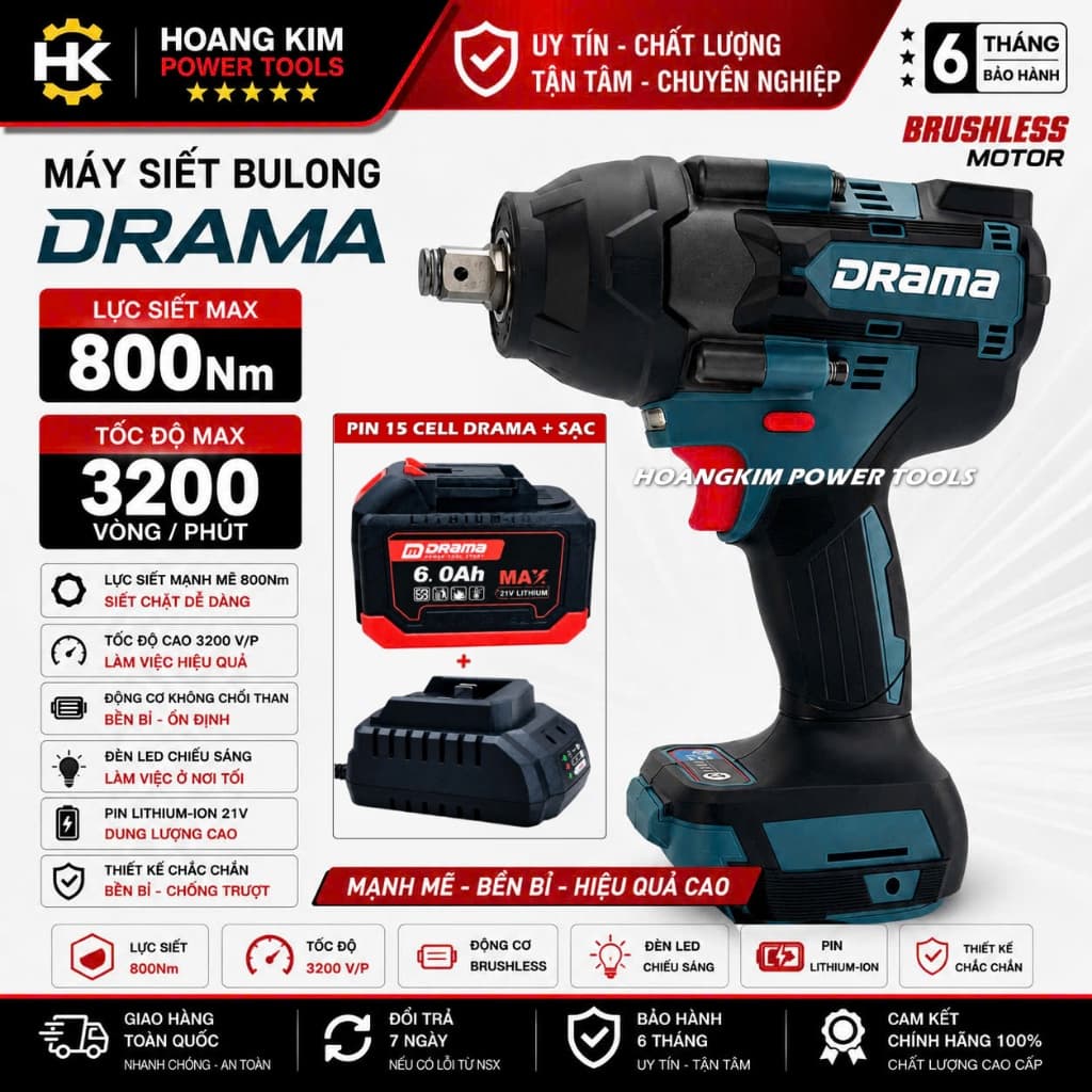 Máy Siết Bulong Pin DRAMA SG96800N, Không Chổi Than, Lực Siết 800Nm, Chân Pin Phổ Thông
