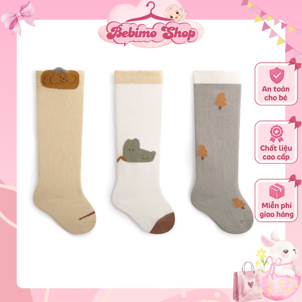 SET 3 ĐÔI Tất cao cổ cho bé, vớ dài qua gối cho bé sơ sinh, tất cotton co giãn mềm mịn nhiều họa tiết - Bebimo Shop