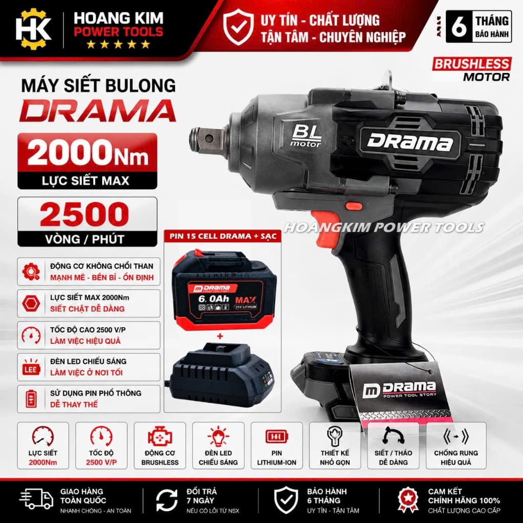 Máy Siết Bulong Pin DRAMA 5700, Không Chổi Than, Lực Siết KHỦNG 2100Nm, Chân Pin Phổ Thông