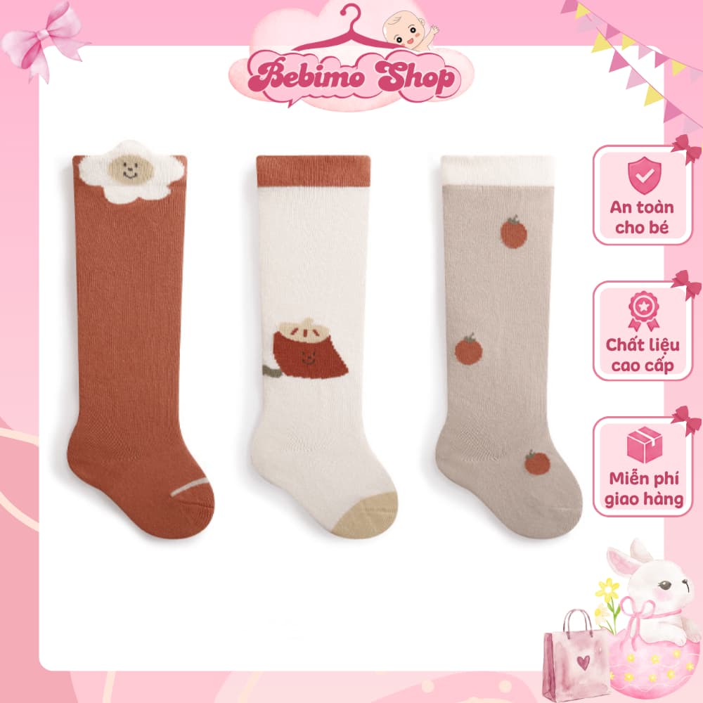 SET 3 ĐÔI Vớ cotton dài cho bé, tất giữ ấm chân em bé, tất cao cổ họa tiết hoạt hình đáng yêu - Bebimo Shop