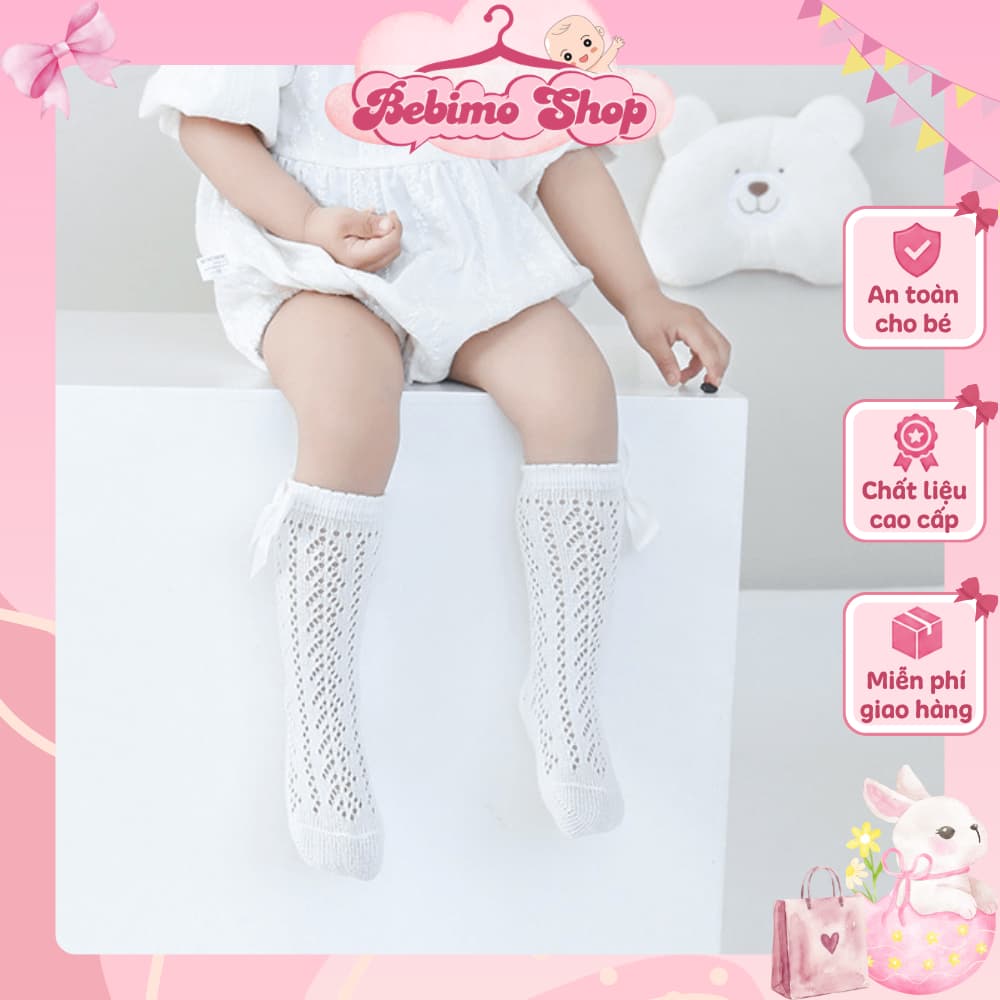 Tất ren nơ cho bé gái, vớ ren cao cổ công chúa, tất lưới cotton thoáng khí mặc váy xinh - BebimoShop